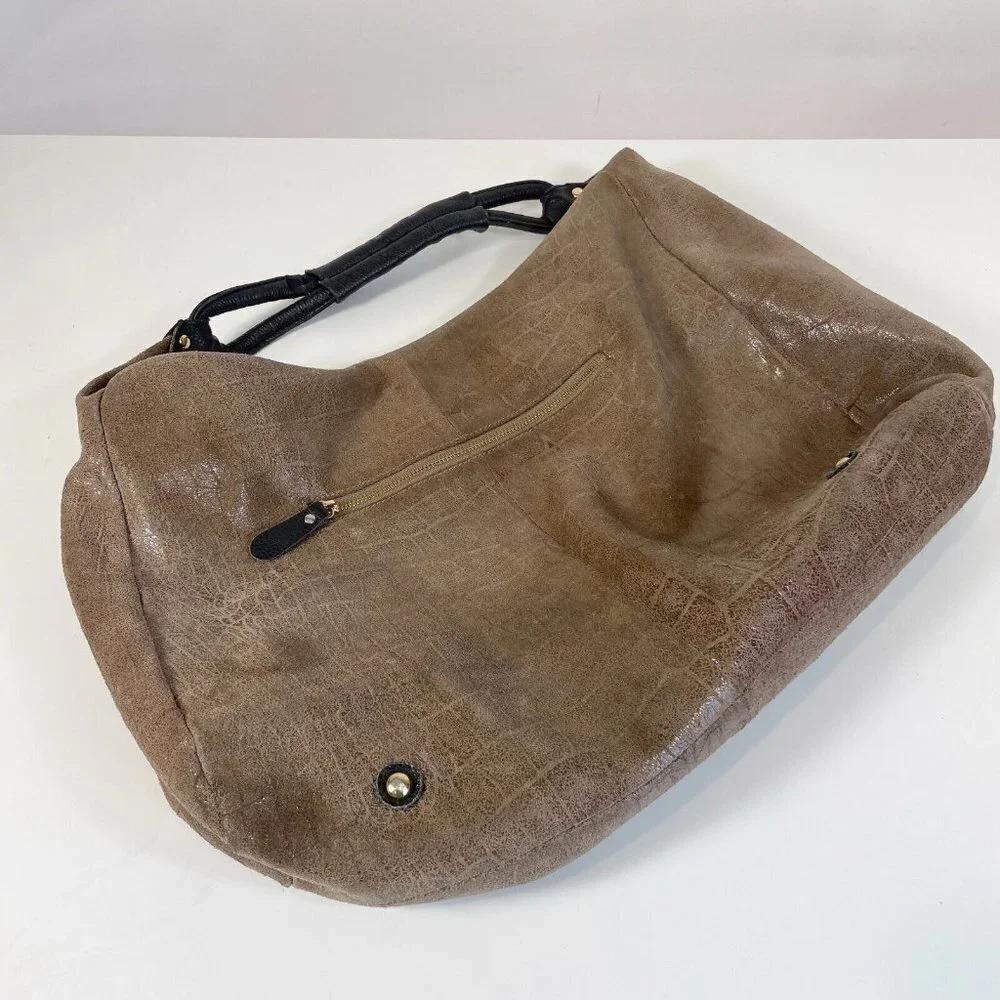 Lola Bernard Modena Croc Embossed Leather Hobo Handbag Purse Brown S Zip Pockets